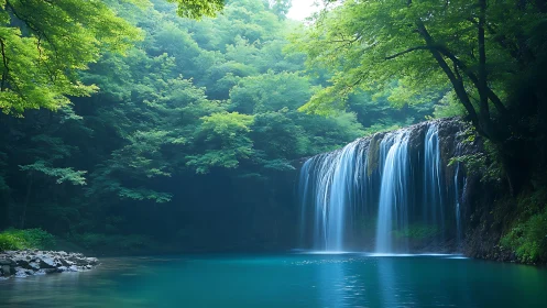 Lush forest waterfall panorama with tranquil turquoise basin.