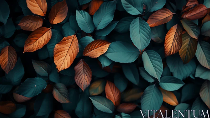 Moody teal and copper foliage in tight botanical pattern.