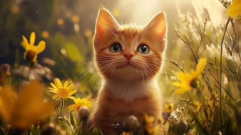 Luminous Kitten Portrait in Wildflower Field with Golden Hour Atmospheric Rendering