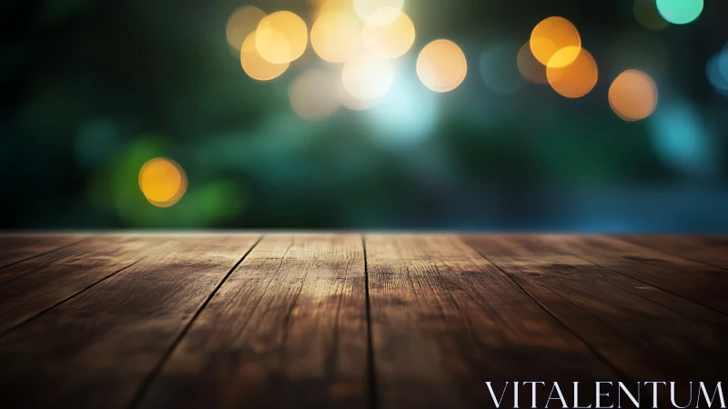 Wood table surface under warm outdoor evening bokeh lights.