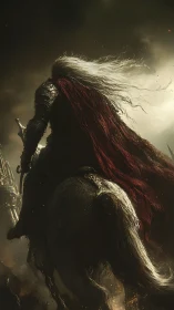 Armored rider surveys burning battlefield from horseback