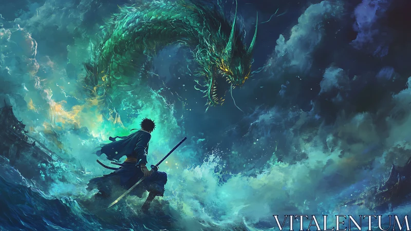 Sword-wielding warrior confronts emerald sea dragon in storm.