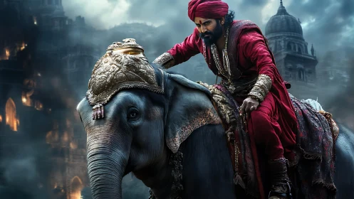 Warrior prince in crimson armor commands armored elephant in mist