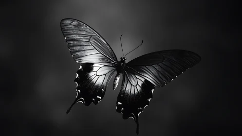 Monochrome butterfly in focused light on dark background.