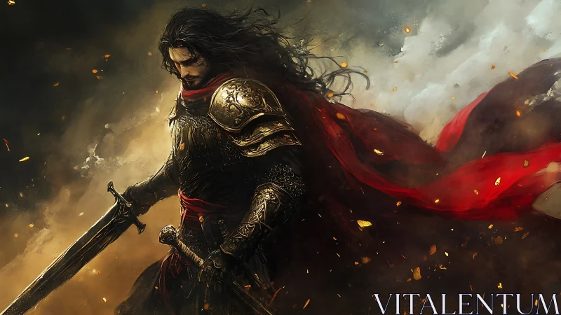 Armored warrior with red cloak holding two swords in smoke.