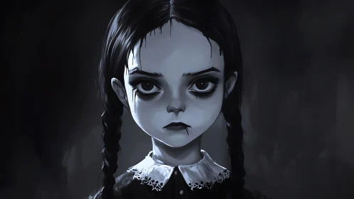 Monochrome digital portrait of gothic girl with braids