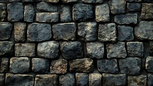 Dark weathered stone block wall with rough surfaces.