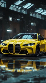 Yellow BMW coupe in cinematic rainy warehouse lighting.