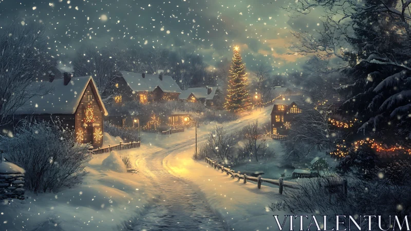 Snowy village street glows under festive Christmas lights