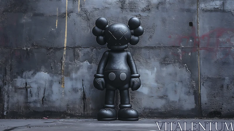 Black vinyl cartoon figure stands against worn concrete wall