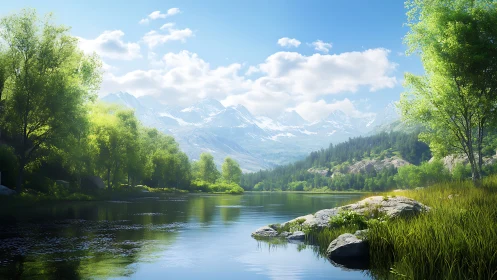 Mountain lake with reflective water and distant snow peaks.