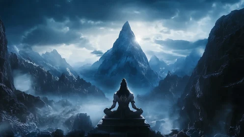 Silhouetted seated figure before misty mountain range at dawn.