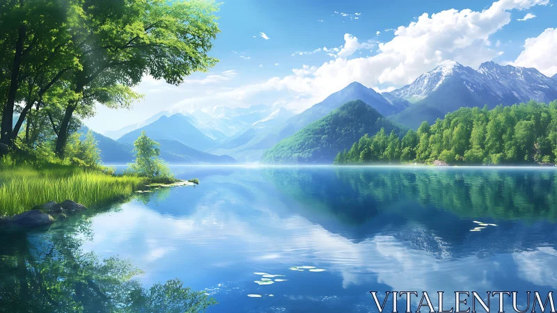 Mountain lake reflects bright sky and distant snowy peaks