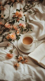 Cup of tea and open book on fabric with scattered flowers.