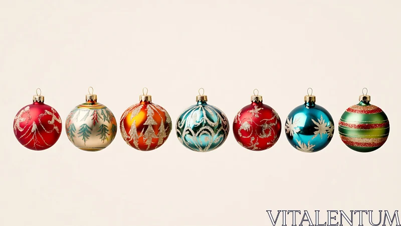 Colorful Christmas baubles lined up in festive harmony.