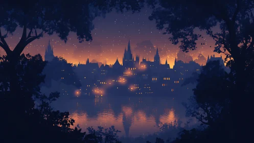 Enchanted riverside city glows softly beneath a twilight sky
