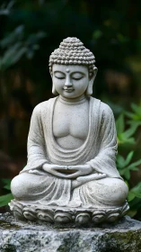 Photorealistic stone Buddha sculpture in meditative garden setting.