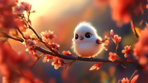 Adorable Fluffy Bird on Blossoming Branch, Soft Pastel Illustration.