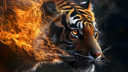 Fiery tiger portrait blazes against a deep shadowed void