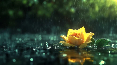 Macro yellow rose in rainfall with shallow depth of field