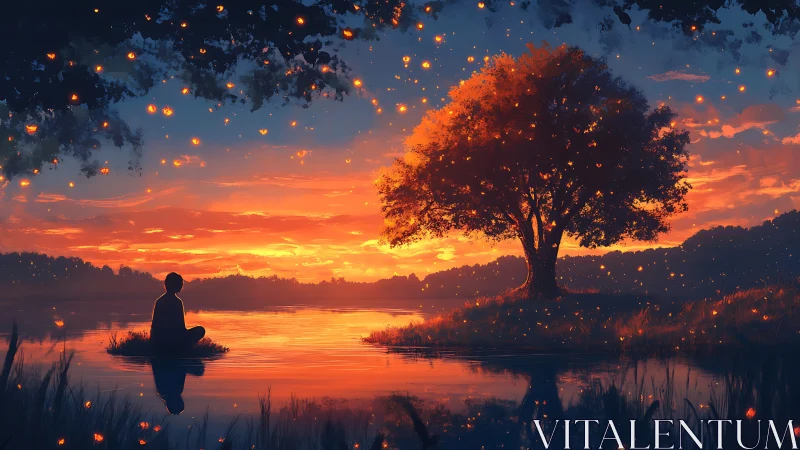 Solitary figure contemplates luminous lake under firefly dusk