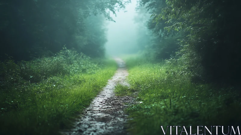 Misty forest path with lush greenery in atmospheric style.