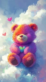 Smiling rainbow teddy bear holds glowing heart in clouds
