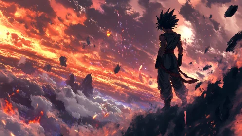 Solitary warrior overlooking a burning, storm-torn sky.
