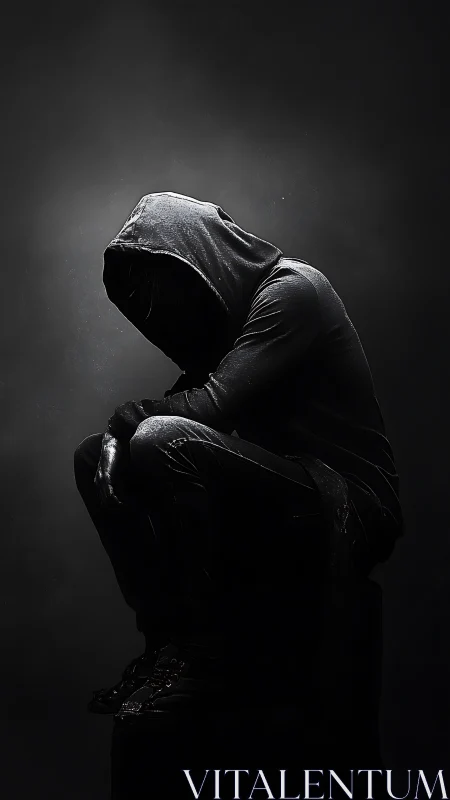 Shadowed hooded figure curls inward and becomes living dusk