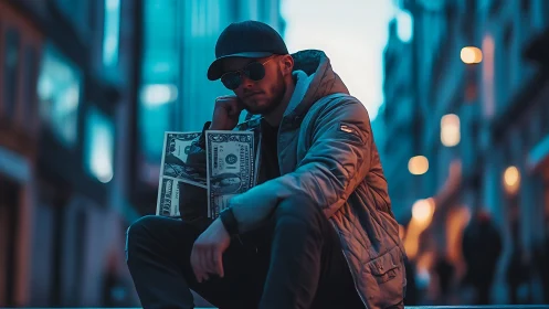 Urban street portrait isolates subject with cyan-orange bokeh