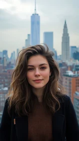 Young woman stands confident against a misty city skyline