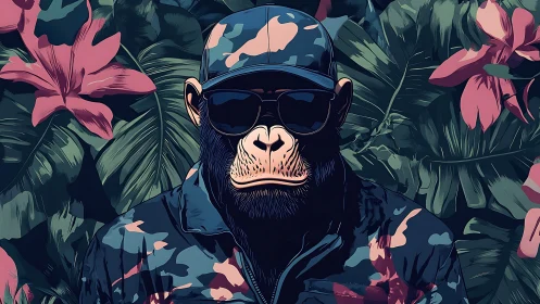 Camouflaged chimp portrait merges streetwear aesthetics and jungle flora