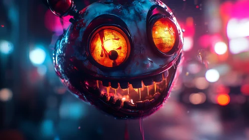 Glowing-eyed robotic mask floats in neon-lit urban street