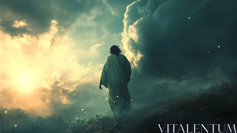 Backlit robed figure ascends hill under bifurcated storm-sun sky