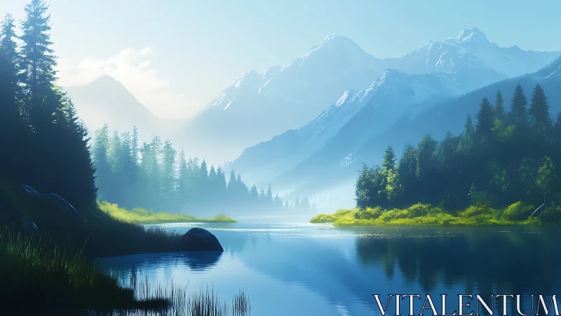 Mountain lake landscape depicts layered conifer forests