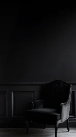 Black armchair stands against dark wainscoted interior wall