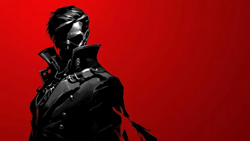 Crimson void crowns masked antihero in razor-black coat.