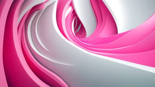 Curved magenta and white ribbons form dynamic abstract tunnel