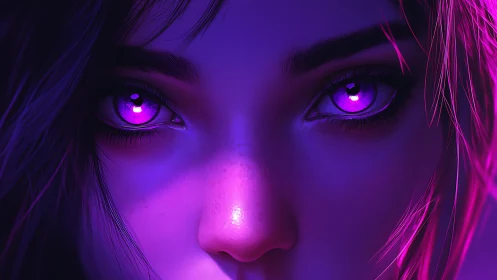 Close digital portrait with neon purple illuminated eyes.