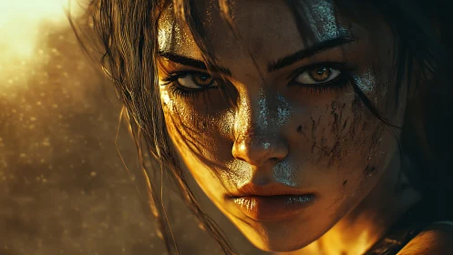 Cinematic warrior portrait renders intense gaze in warm light