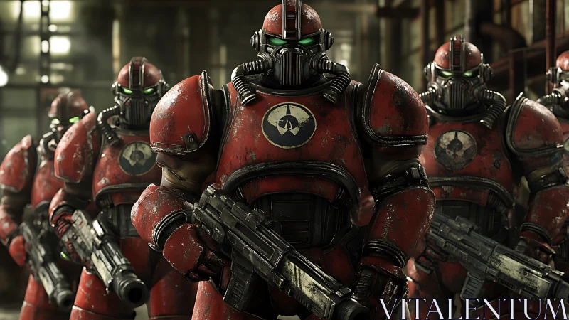 Armored soldiers in red power suits advance in formation