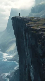 Solitary figure on towering sea cliff in misty light.
