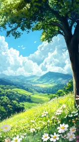 Wildflower hillside leans into a sky brimming with summer cloud