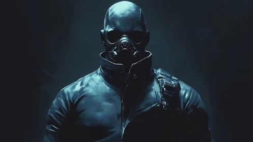 Masked figure in dark tactical jacket under low key light.