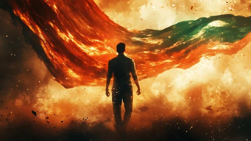 Silhouetted hero walks beneath blazing cosmic banner