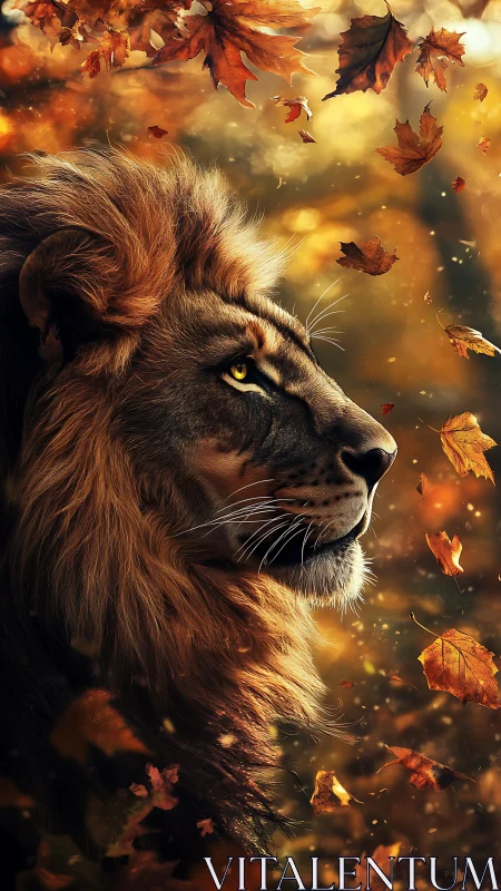 Majestic lion profile amid drifting autumn leaves.