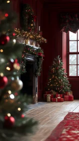 Interior displays decorated Christmas trees and gift boxes