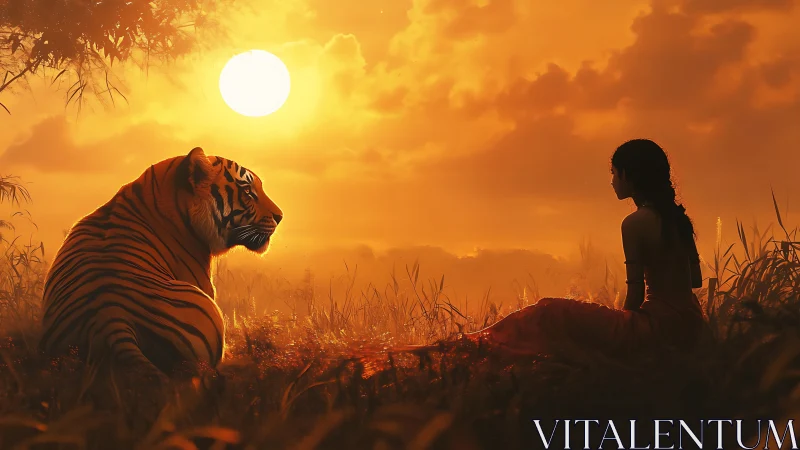 Sunset-lit tiger and girl trade quiet stories of the wild