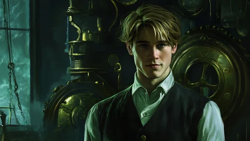 Young man stands before complex brass industrial machinery