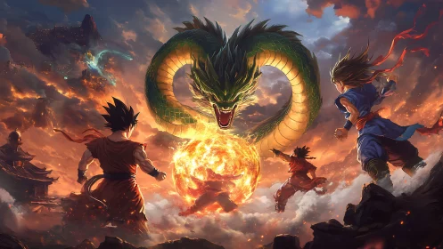 Skyfire dragon pact over blazing sun-orb warriors.